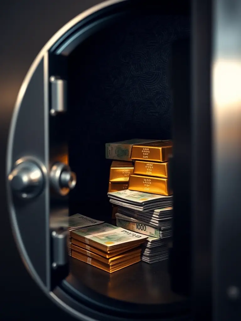 A secure vault with gold bars and currency stacks, symbolizing wealth preservation and growth strategies for long-term financial security in South Africa.