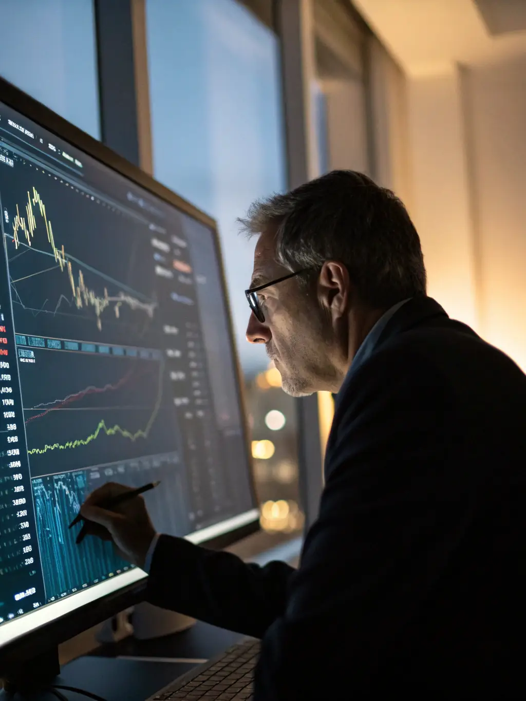 A professional South African financial consultant analyzing market data on a computer screen, with charts and graphs visible in the background, representing investment strategy development.